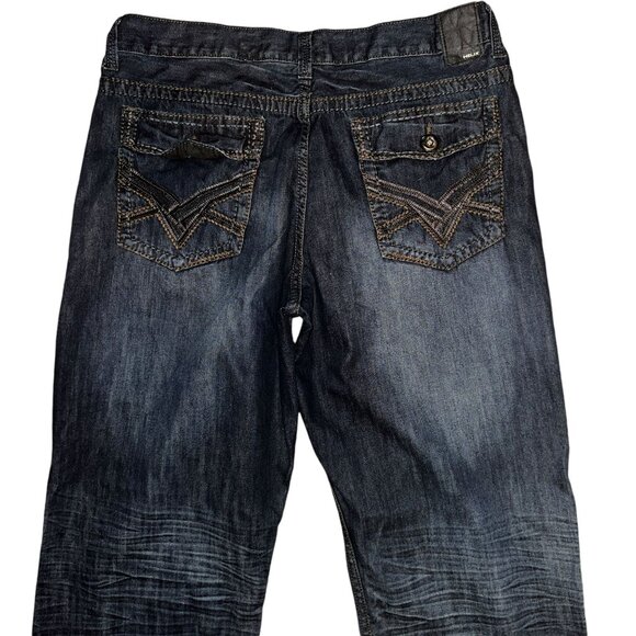 Helix Straight Leg Loose Jeans Mens 34 33 Dark Wash Logo Denim Embroidered - Picture 6 of 8